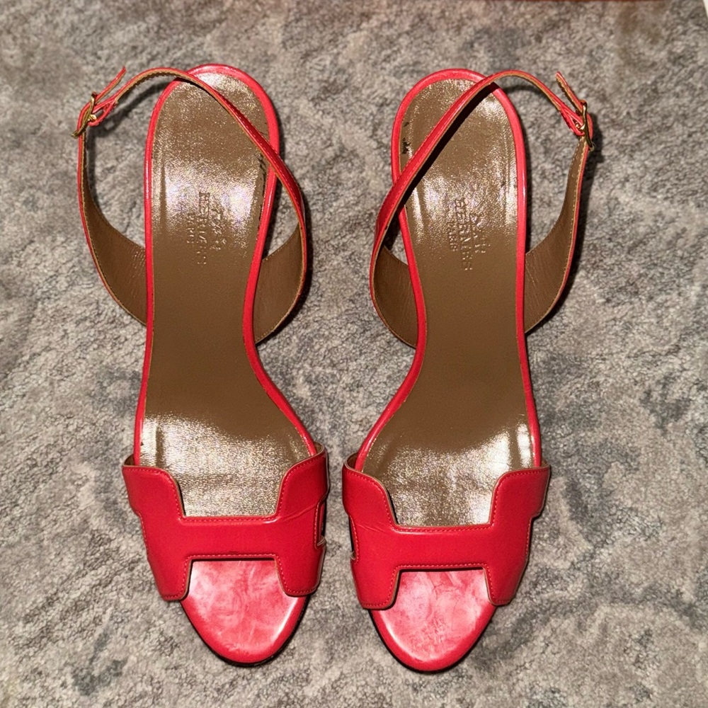 🧡HERMES 🧡NIGHT SLINGBACK SANDALS AUTHENTIC CORAL COLOR ELEGANT LIKE NEW